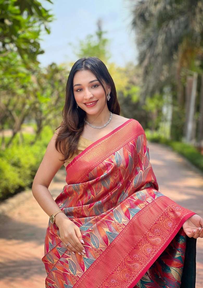 Hot Pink Zari Work Silk Blend Saree Set for Diwali and Festive Wear - Indya