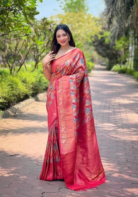 Hot Pink Zari Work Silk Saree Set — view on Indya