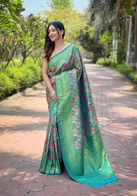 Light Green Zari Work Silk Blend Saree Set