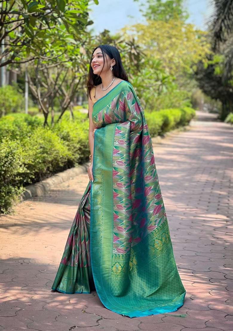 Light Green Silk Blend Saree Set with Zari Work for Diwali | Wedding & Festive Wear - Indya