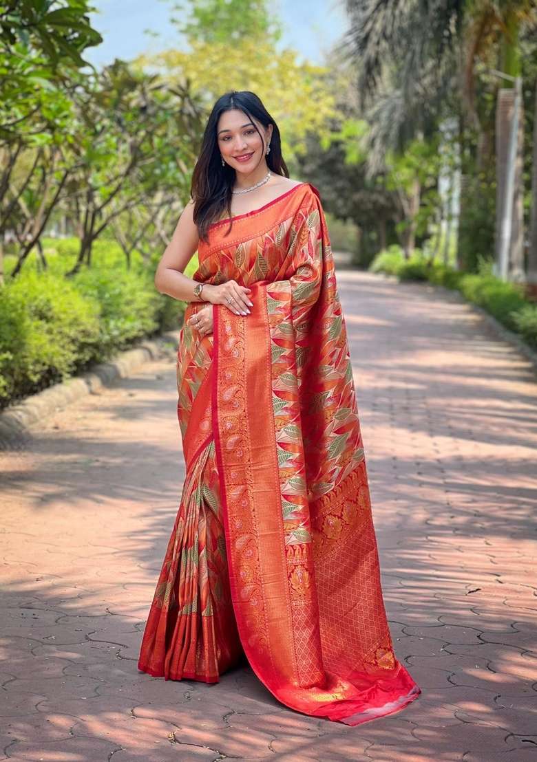 Orange Silk Blend Saree Set with Zari Work for Diwali | Wedding & Festive Wear - Indya