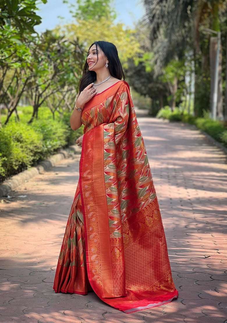 Orange Silk Blend Saree Set with Zari Work for Diwali | Wedding & Festive Wear - Indya