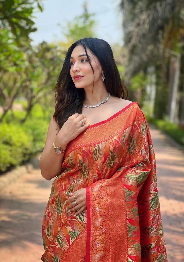 Orange Silk Blend Saree Set with Zari Work for Diwali | Wedding & Festive Wear - Indya