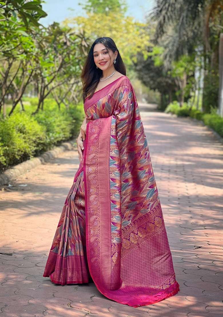Pink Zari Work Silk Blend Saree Set for Diwali and Festive Wear - Indya