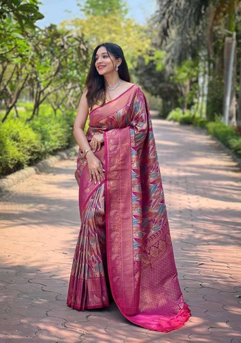 Pink Zari Work Silk Blend Saree Set for Diwali and Festive Wear - Indya