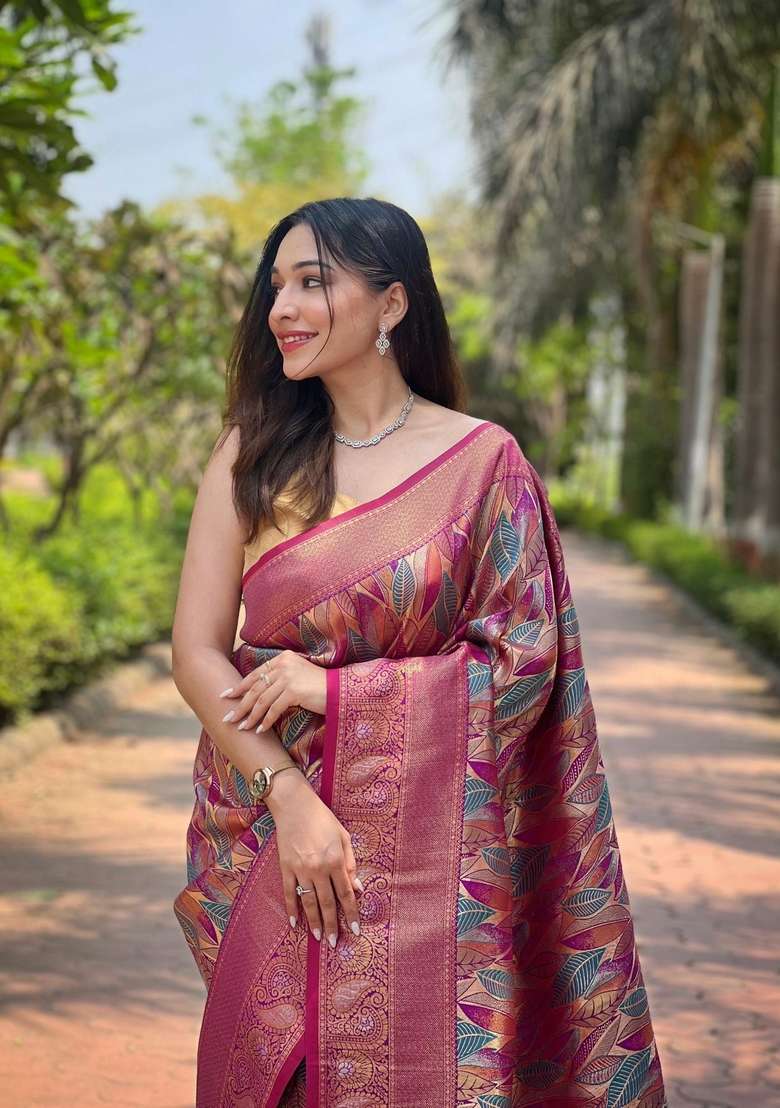 Pink Zari Work Silk Blend Saree Set for Diwali and Festive Wear - Indya
