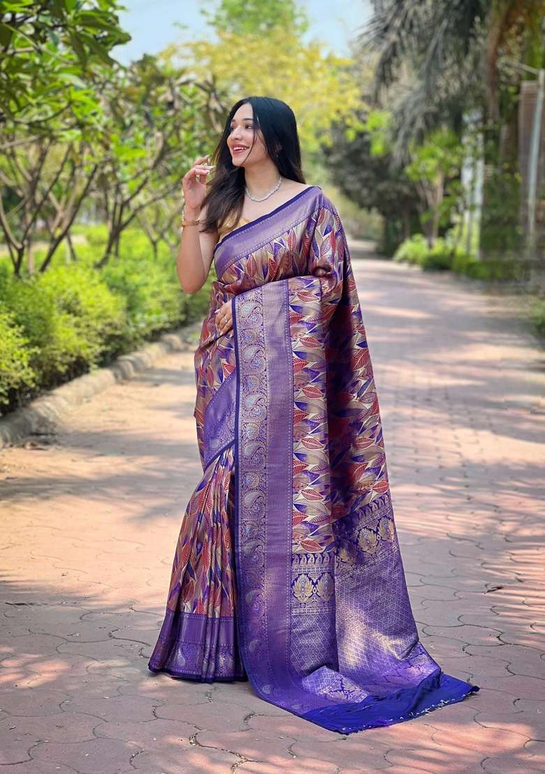 Purple Zari Work Silk Blend Saree Set for Diwali and Festive Wear - Indya