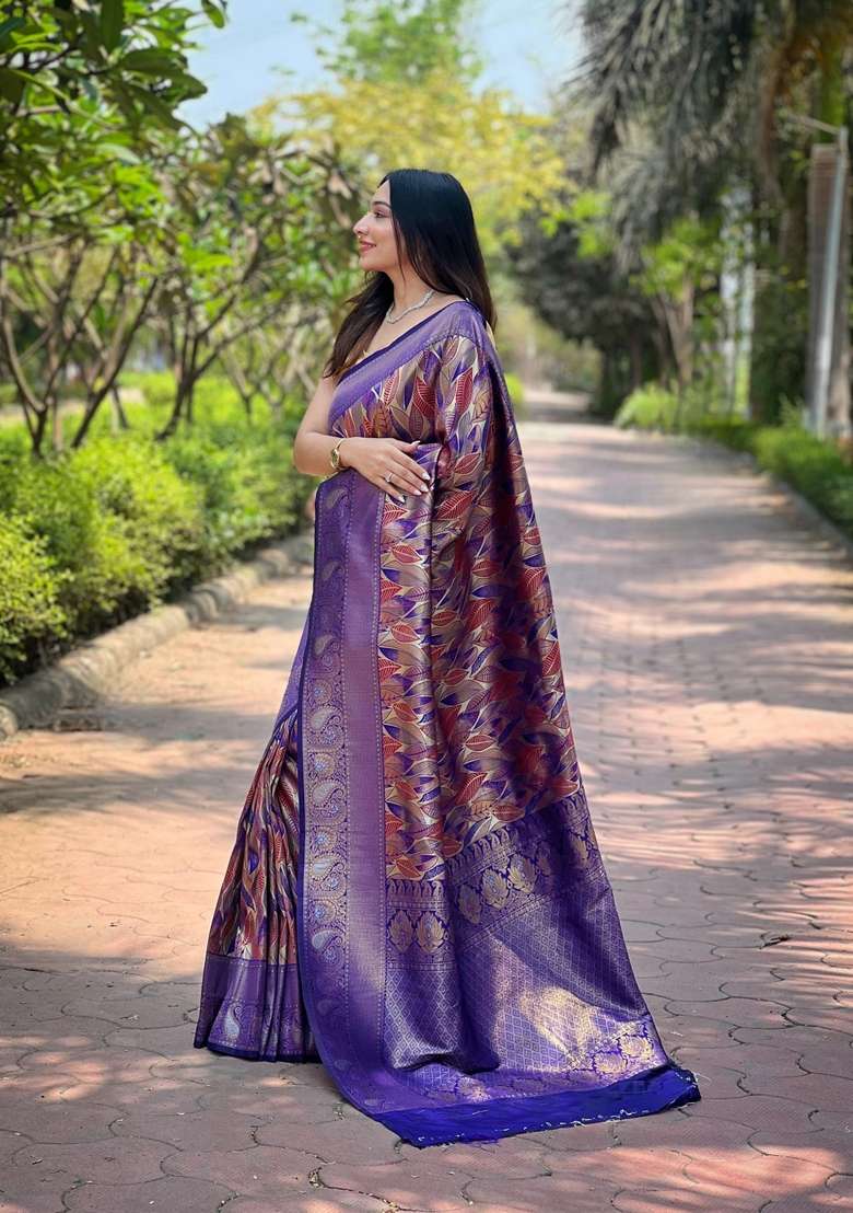 Purple Zari Work Silk Blend Saree Set for Diwali and Festive Wear - Indya