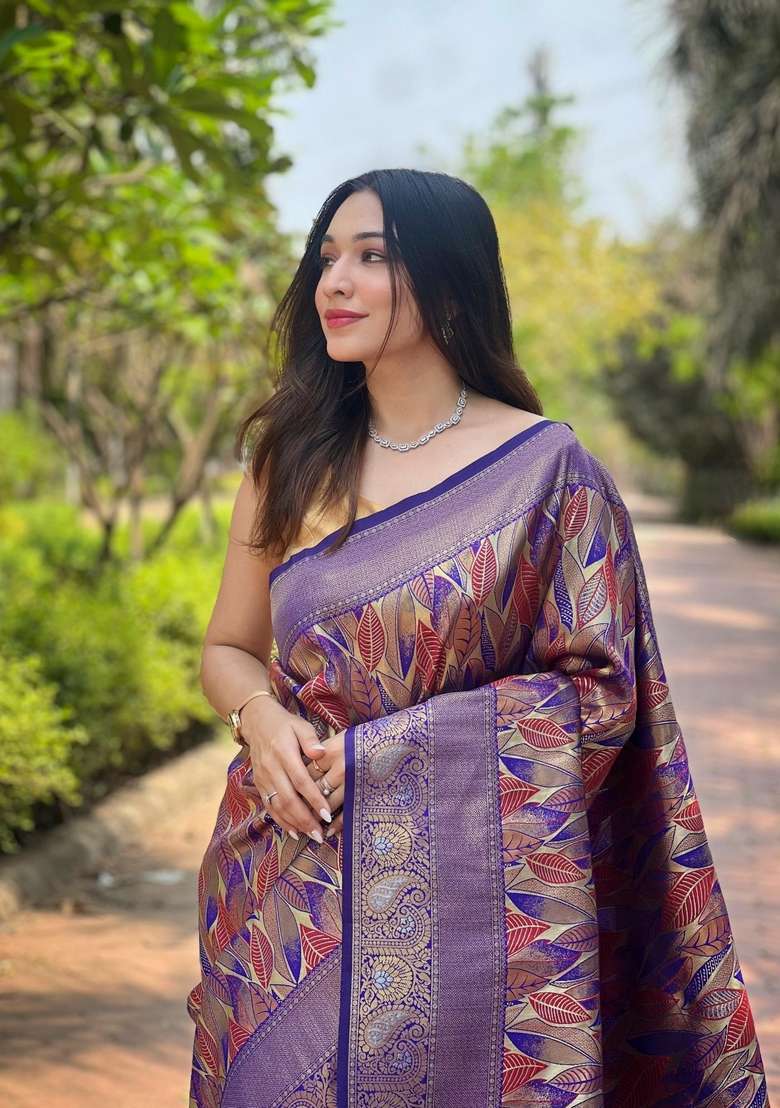 Purple Zari Work Silk Blend Saree Set for Diwali and Festive Wear - Indya