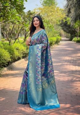 Rama Green Zari Work Silk Blend Saree Set