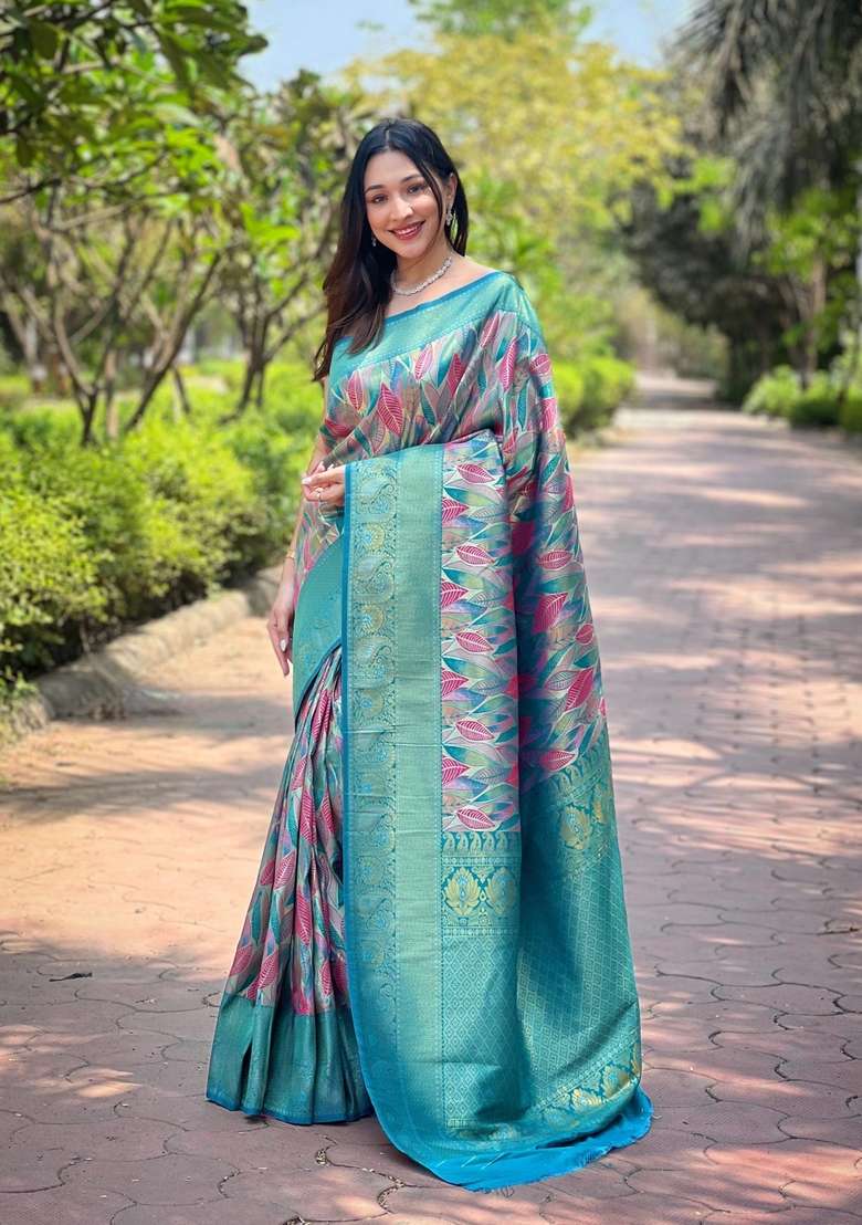 Sky Blue Zari Work Silk Blend Saree Set for Diwali and Festive Wear - Indya