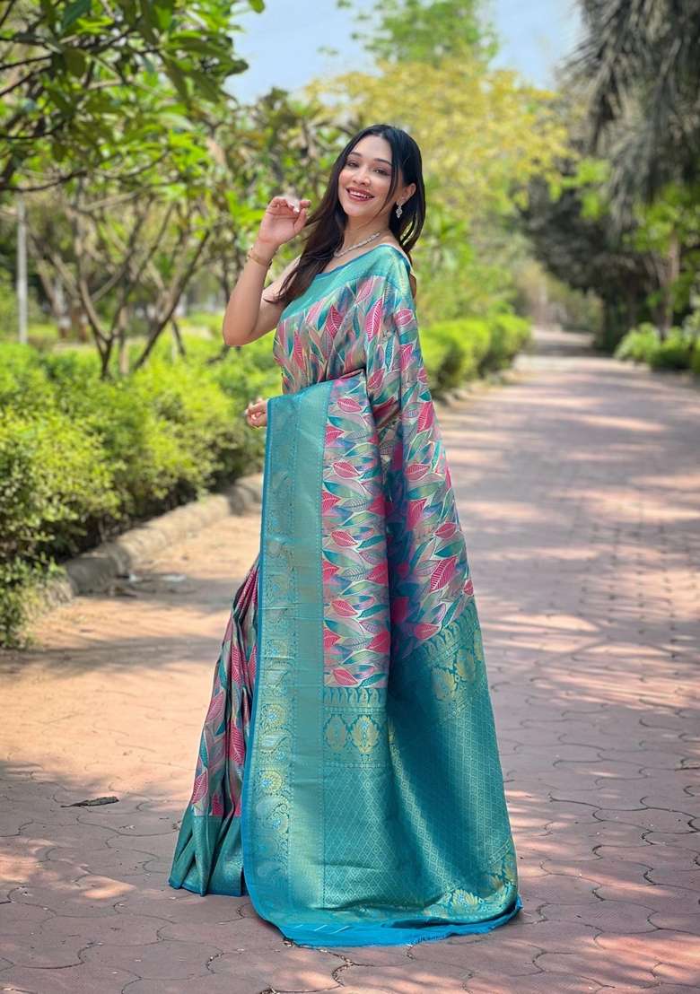 Sky Blue Zari Work Silk Blend Saree Set for Diwali and Festive Wear - Indya