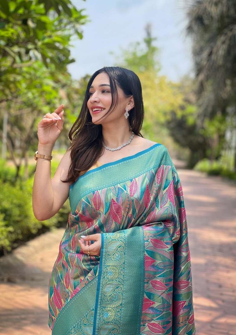 Sky Blue Zari Work Silk Blend Saree Set for Diwali and Festive Wear - Indya