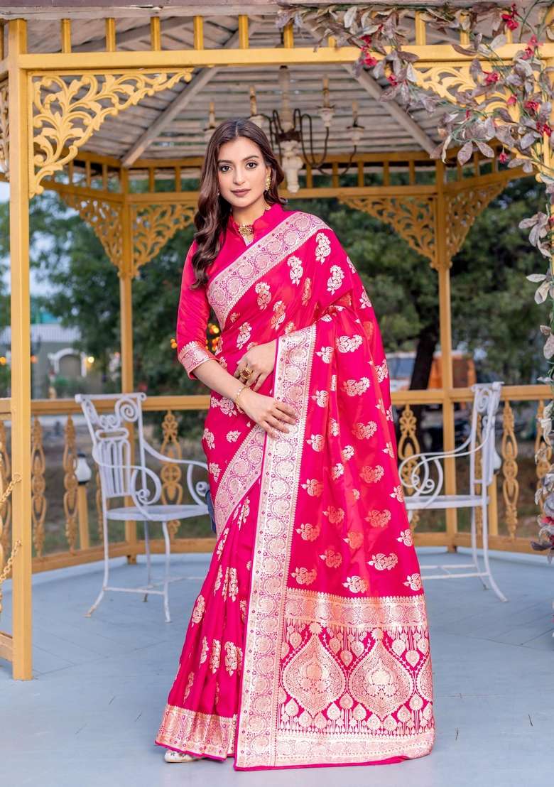 Pink Silk Blend Saree Set with Zari Work for Diwali | Wedding & Festive Wear - Indya