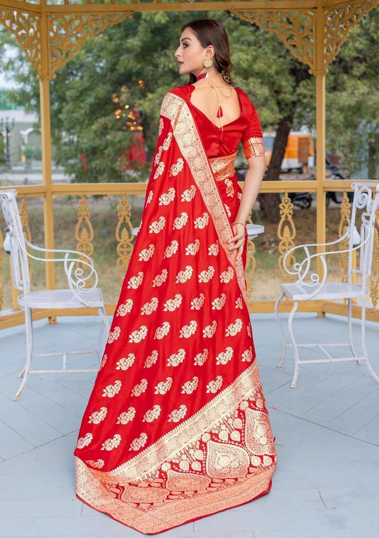 Red Zari Work Silk Blend Saree Set for Diwali and Festive Wear - Indya