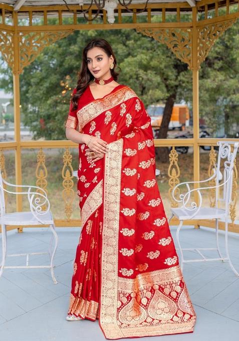 Red Zari Work Silk Saree Set — view on Indya