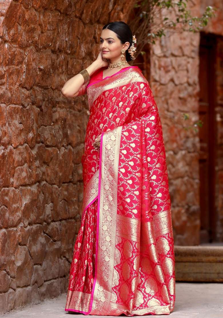 Pink Zari Work Silk Blend Saree Set for Diwali and Festive Wear - Indya