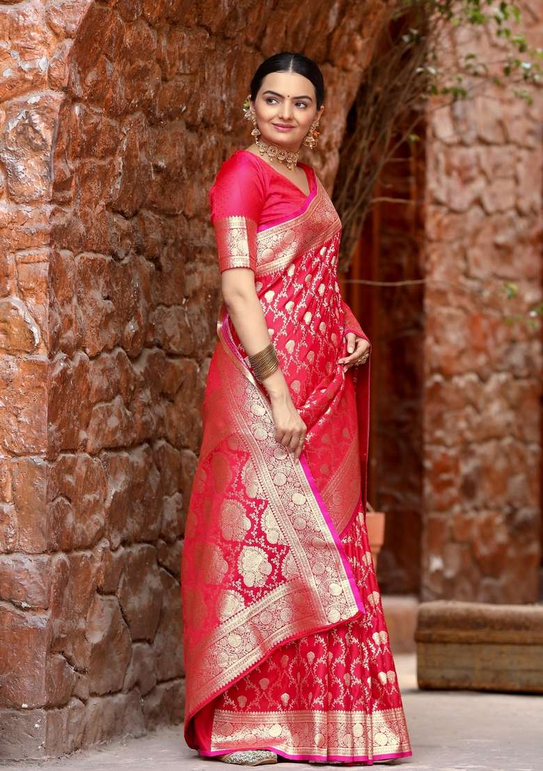 Pink Zari Work Silk Blend Saree Set for Diwali and Festive Wear - Indya