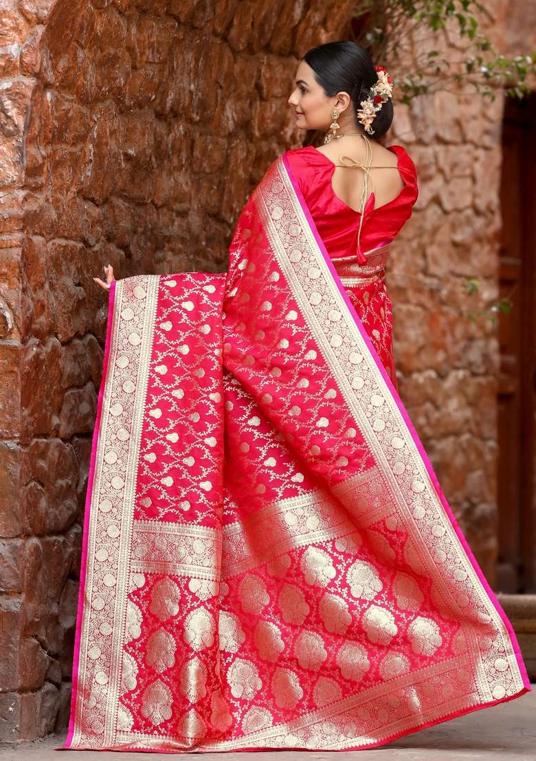 Pink Zari Work Silk Blend Saree Set for Diwali and Festive Wear - Indya