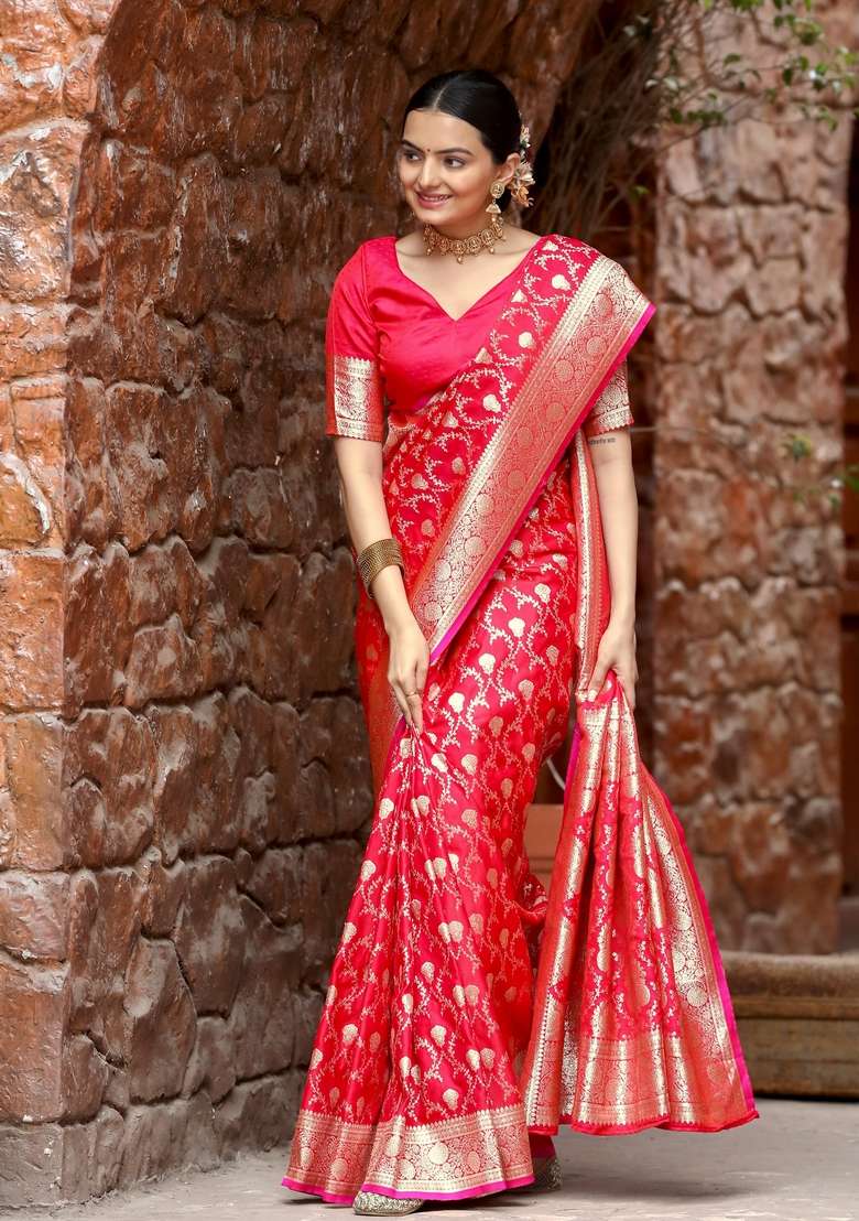 Pink Zari Work Silk Blend Saree Set for Diwali and Festive Wear - Indya
