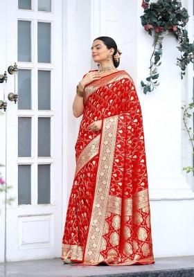 Red Zari Work Silk Blend Saree Set