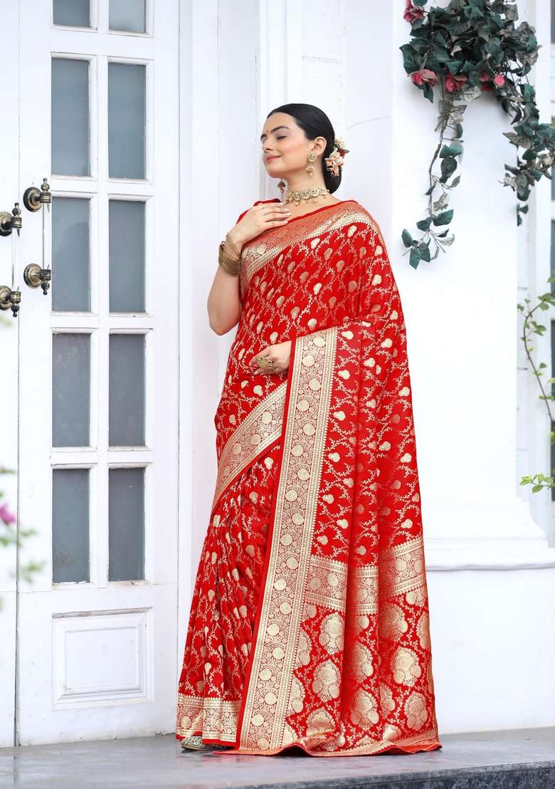 Red Silk Blend Saree Set with Zari Work for Diwali | Wedding & Festive Wear - Indya