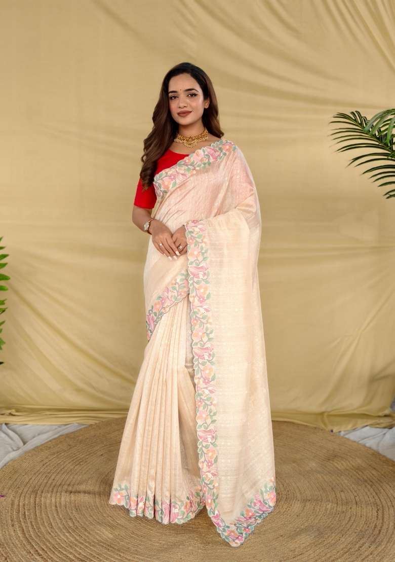 Cream Silk Blend Saree Set with Zari Work for Diwali | Wedding & Festive Wear - Indya