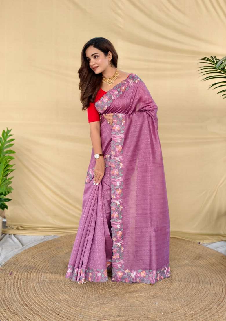 Onion Pink Zari Work Silk Blend Saree Set for Diwali and Festive Wear - Indya