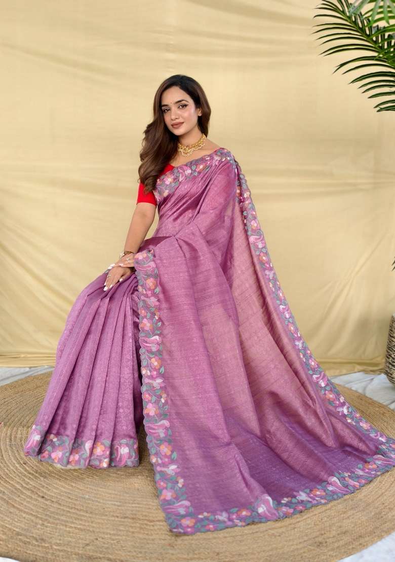 Onion Pink Zari Work Silk Blend Saree Set for Diwali and Festive Wear - Indya