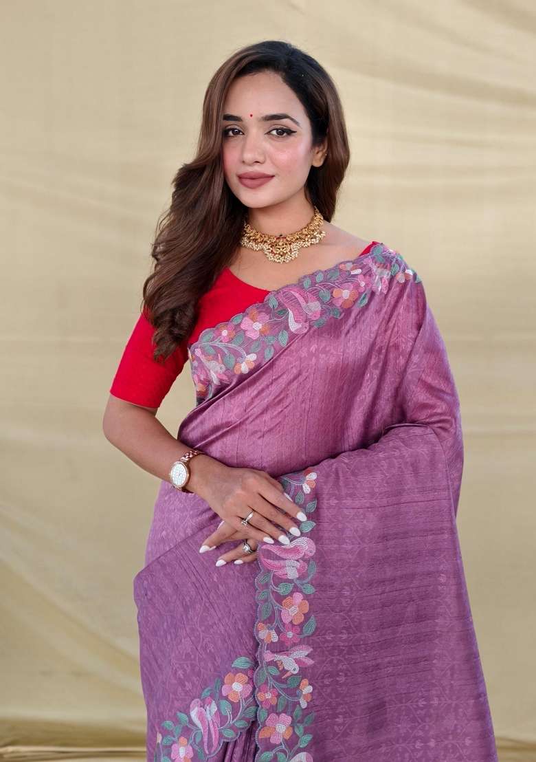 Onion Pink Zari Work Silk Blend Saree Set for Diwali and Festive Wear - Indya