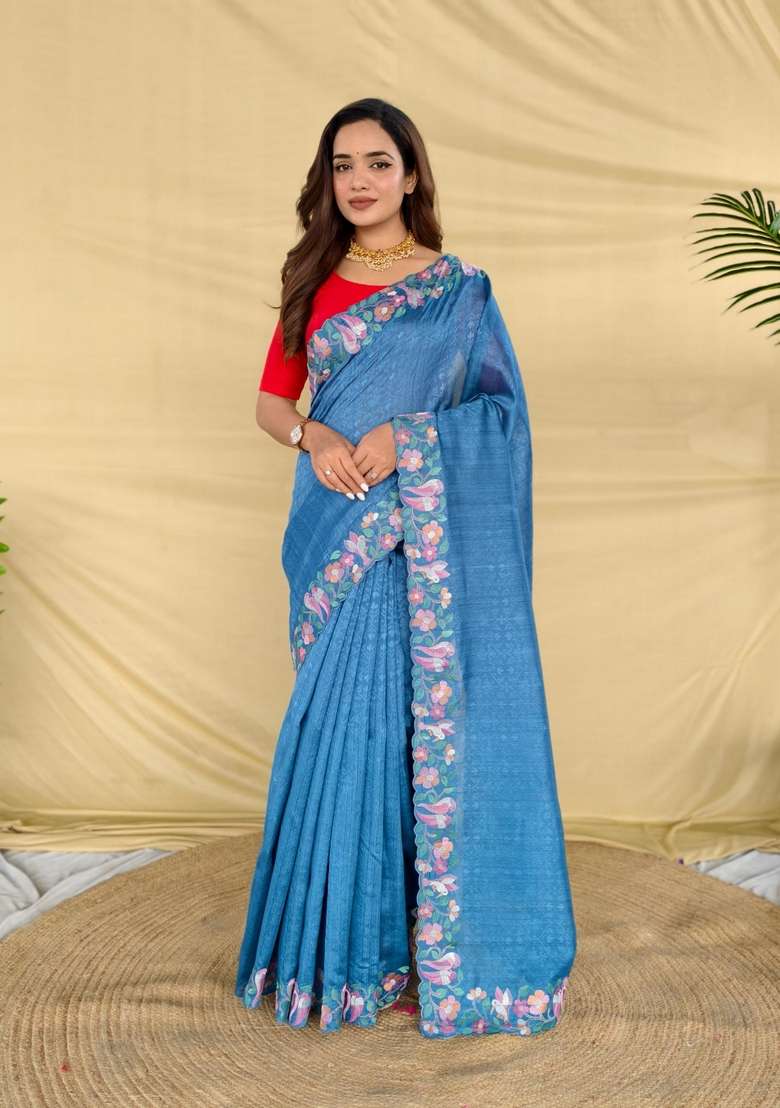 Teal Silk Blend Saree Set with Zari Work for Diwali | Wedding & Festive Wear - Indya