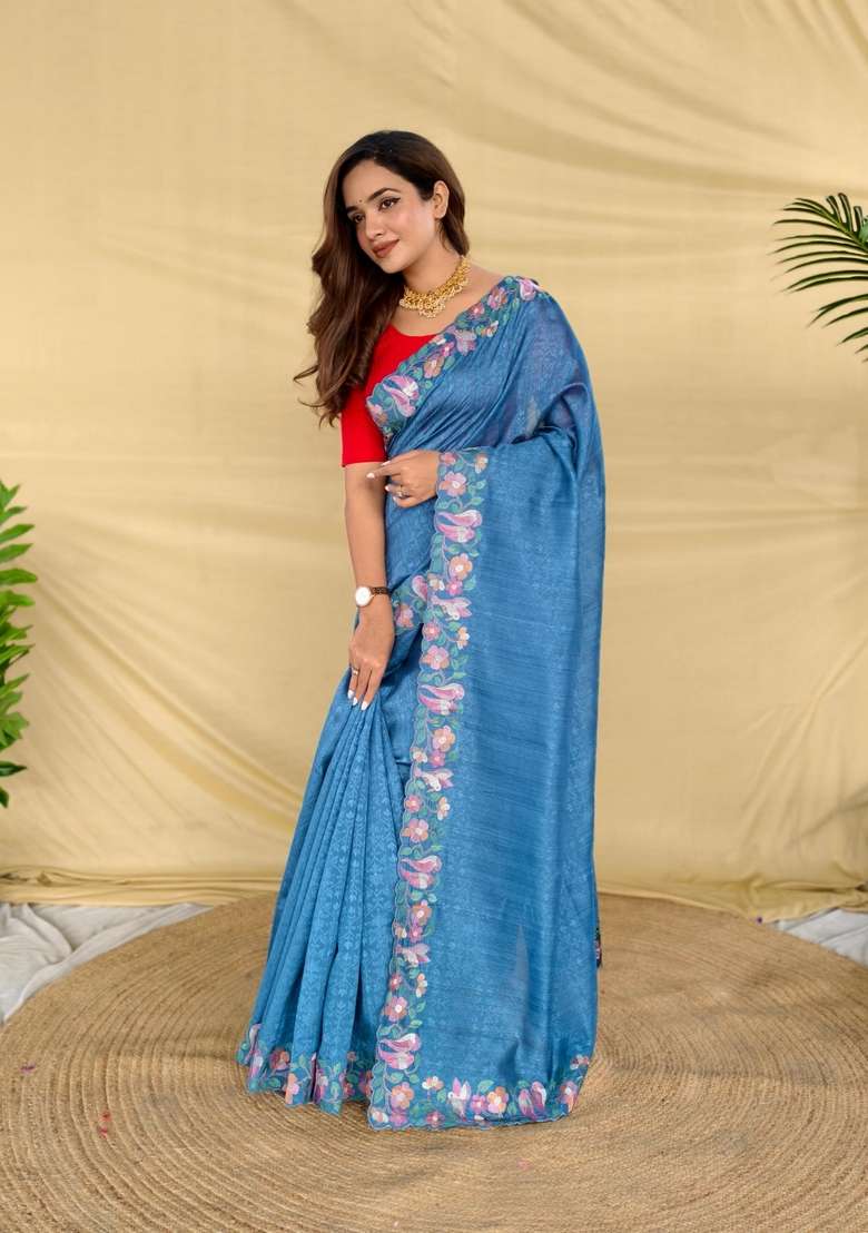 Teal Silk Blend Saree Set with Zari Work for Diwali | Wedding & Festive Wear - Indya