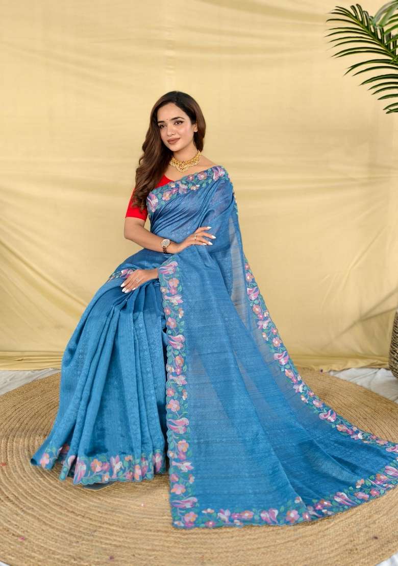 Teal Silk Blend Saree Set with Zari Work for Diwali | Wedding & Festive Wear - Indya
