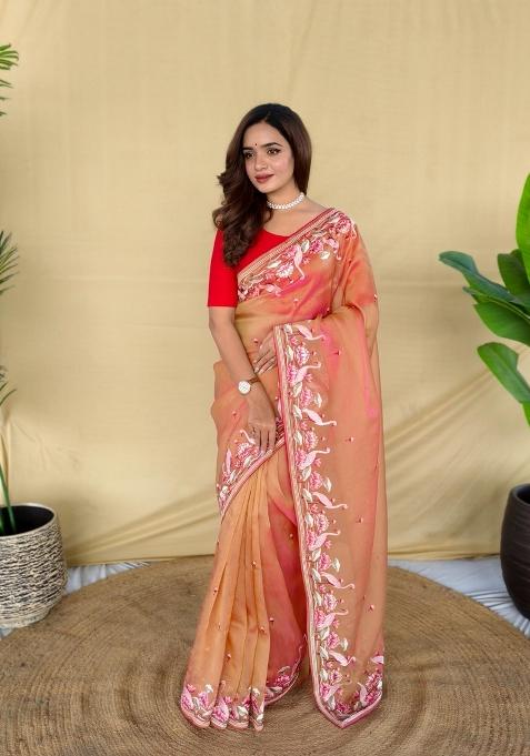 Peach Zari Work Silk Saree Set — view on Indya