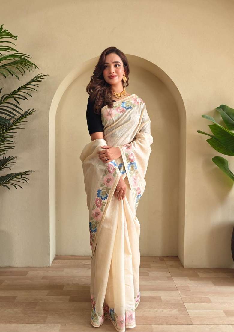 Cream Silk Blend Saree Set with Zari Work for Diwali | Wedding & Festive Wear - Indya