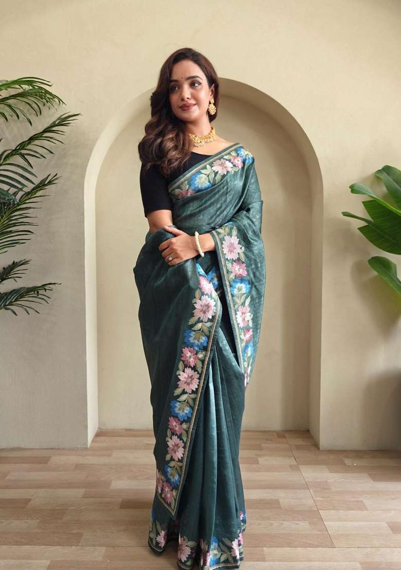 Green Zari Work Silk Blend Saree Set for Diwali and Festive Wear - Indya