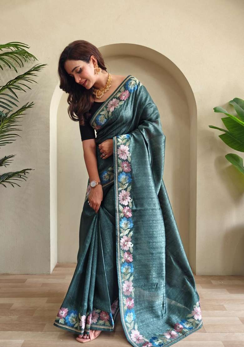 Green Zari Work Silk Blend Saree Set for Diwali and Festive Wear - Indya