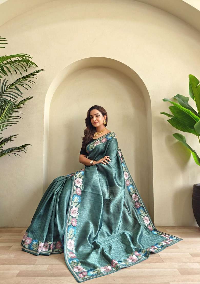Green Zari Work Silk Blend Saree Set for Diwali and Festive Wear - Indya
