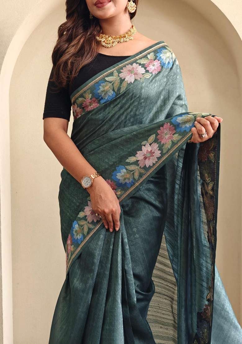 Green Zari Work Silk Blend Saree Set for Diwali and Festive Wear - Indya