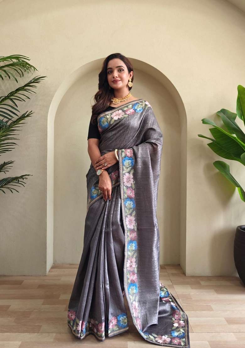 Grey Silk Blend Saree Set with Zari Work for Diwali | Wedding & Festive Wear - Indya