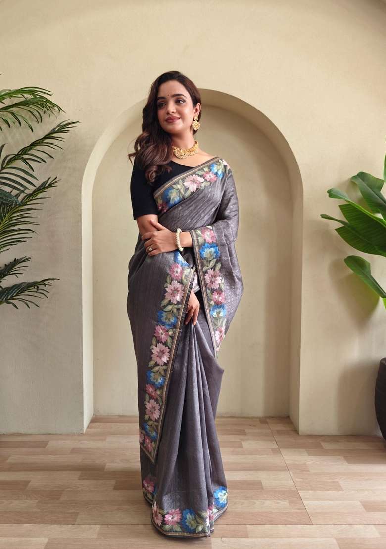 Grey Silk Blend Saree Set with Zari Work for Diwali | Wedding & Festive Wear - Indya