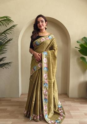 Mehendi Zari Work Silk Blend Saree Set