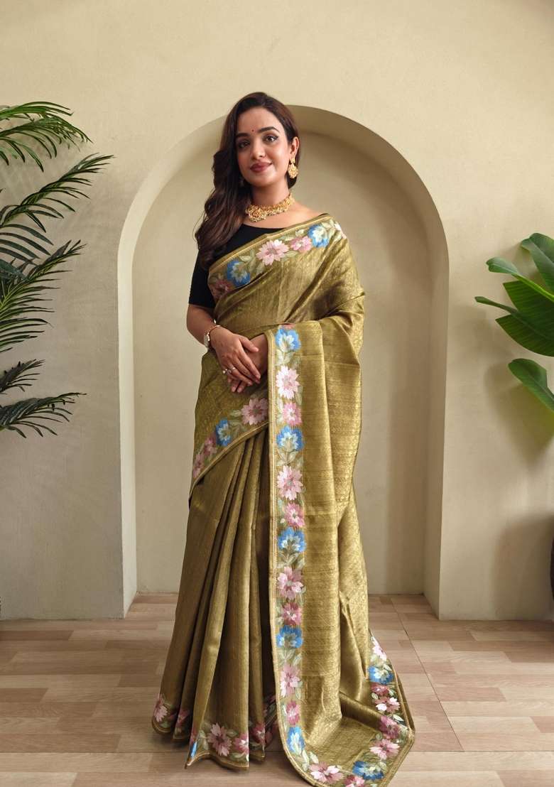 Mehendi Zari Work Silk Blend Saree Set for Diwali and Festive Wear - Indya