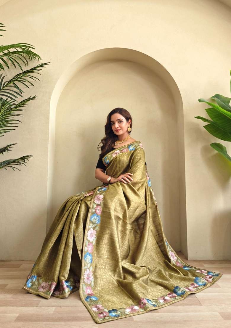 Mehendi Zari Work Silk Blend Saree Set for Diwali and Festive Wear - Indya