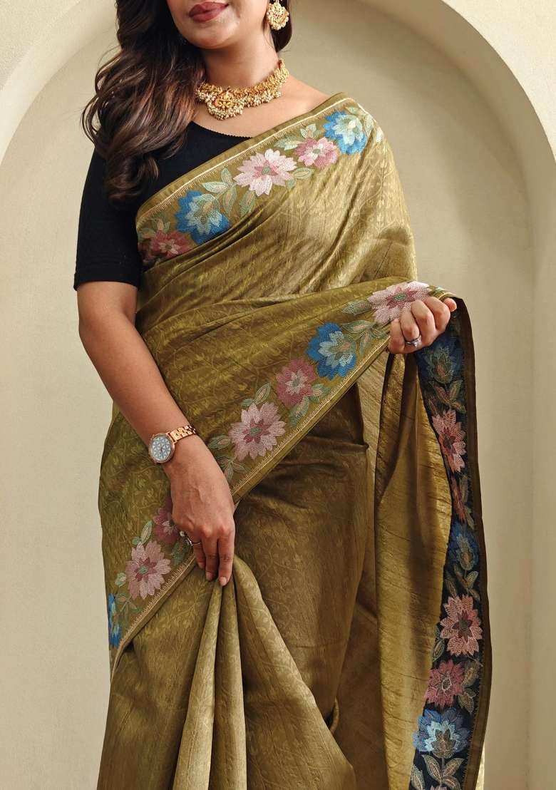 Mehendi Zari Work Silk Blend Saree Set for Diwali and Festive Wear - Indya