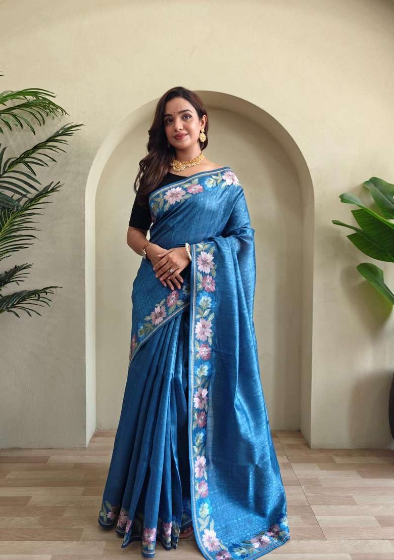 Teal Silk Blend Saree Set with Zari Work for Diwali | Wedding & Festive Wear - Indya