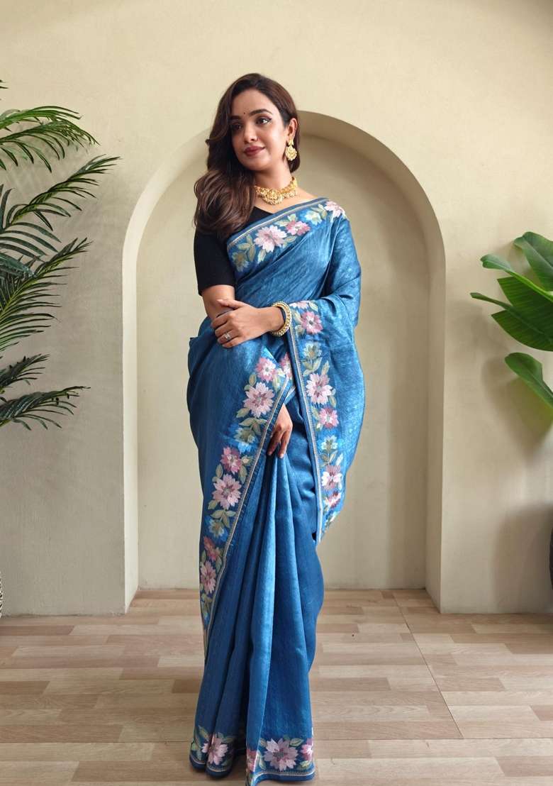Teal Silk Blend Saree Set with Zari Work for Diwali | Wedding & Festive Wear - Indya