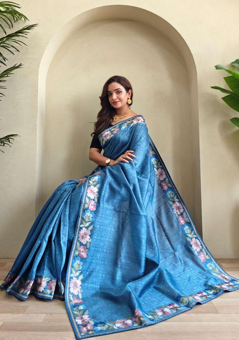 Teal Silk Blend Saree Set with Zari Work for Diwali | Wedding & Festive Wear - Indya