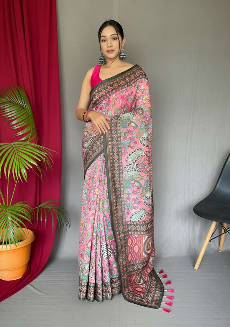 Baby Pink Silk Blend Saree Set with Zari Work for Diwali | Wedding & Festive Wear - Indya