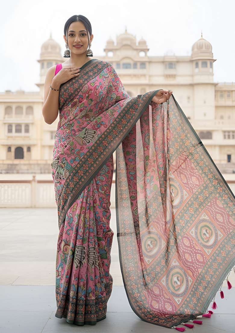 Baby Pink Silk Blend Saree Set with Zari Work for Diwali | Wedding & Festive Wear - Indya